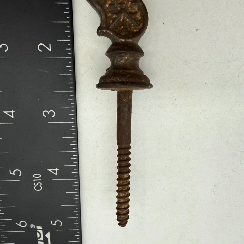 Antique Victorian Cast Iron Screw In Hook Geometric Relief Pattern Rusted Patina